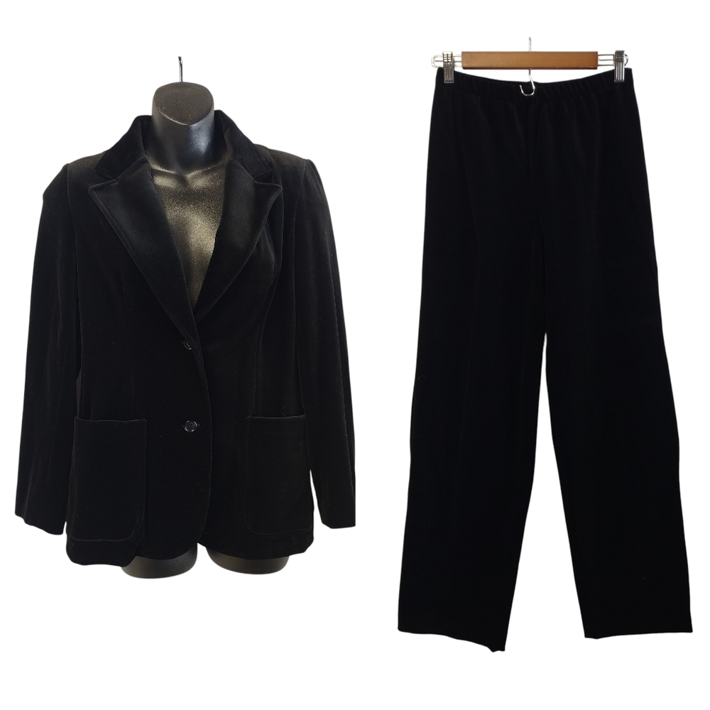 Vintage 1970s Act III Black Velveteen Blazer Pants Set Made In USA Size M